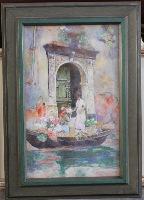 David Woodlock (1842-1929) Venetian flower sellers barge, 12 x 7.5in.